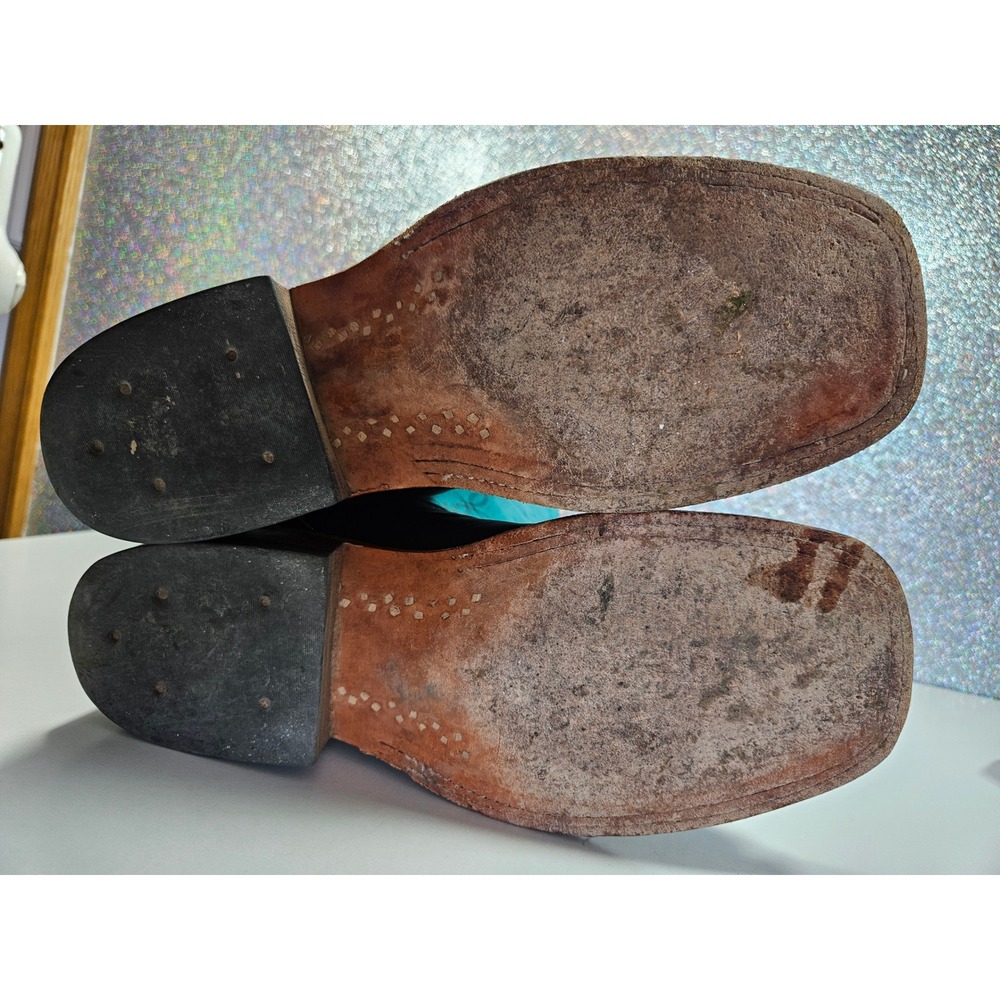 ANDERSON Bean Women's 6B Brown Turquoise Leather Square Toe Cowboy Western Boots - Picture 6 of 9